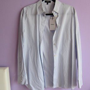 NWT Theory 100% Cotton Long Sleeve Classic Men's Shirt White/Blue Stripe SMALL